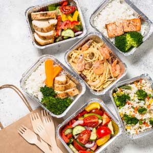 Food delivery concept - healthy lunch in boxes.